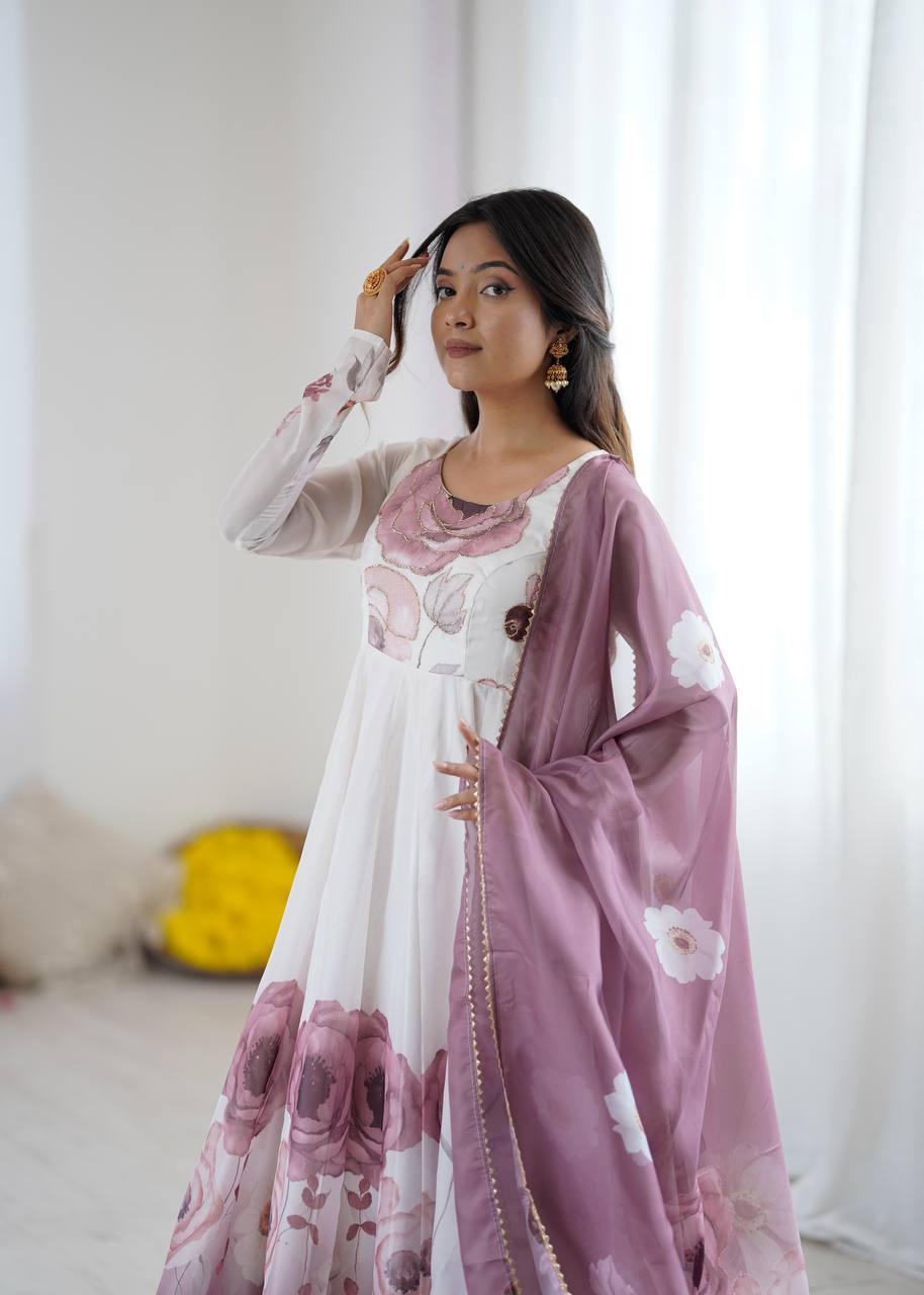 Women’s Floral Printed Anarkali Dress with Dupatta, Full Sleeves & Flared Ethnic Design