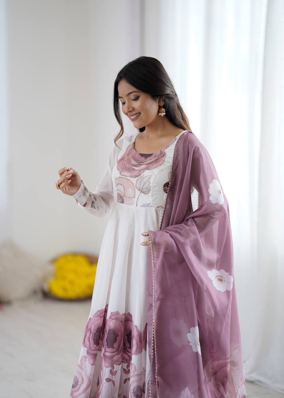 Women’s Floral Printed Anarkali Dress with Dupatta, Full Sleeves & Flared Ethnic Design