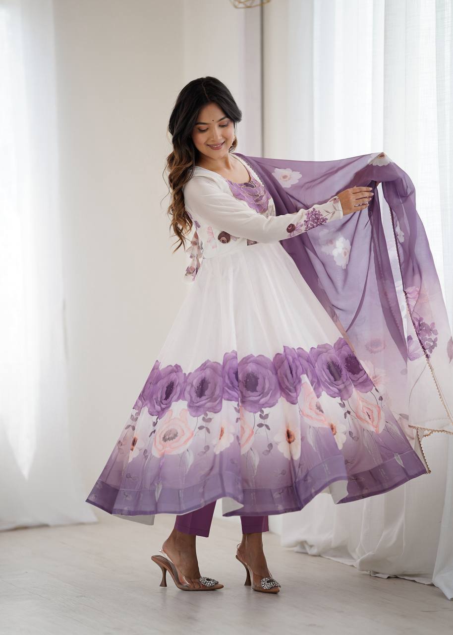 Women’s Floral Printed Anarkali Dress with Dupatta, Full Sleeves & Flared Ethnic Design