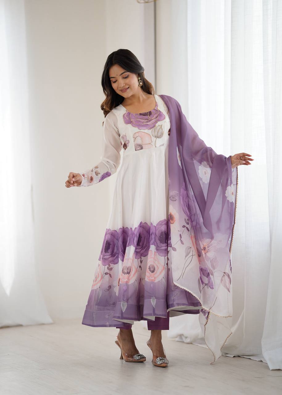 Women’s Floral Printed Anarkali Dress with Dupatta, Full Sleeves & Flared Ethnic Design