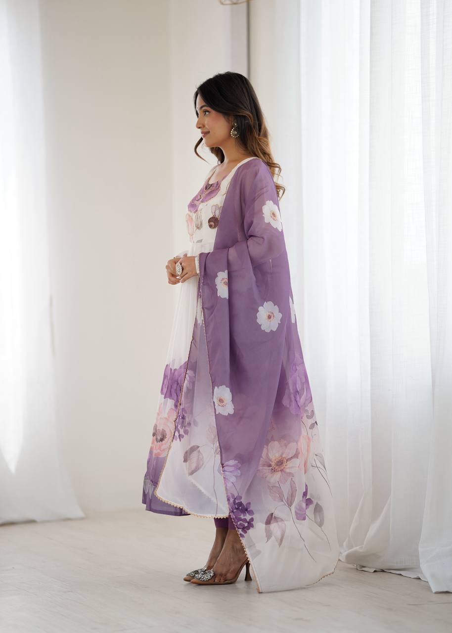 Women’s Floral Printed Anarkali Dress with Dupatta, Full Sleeves & Flared Ethnic Design
