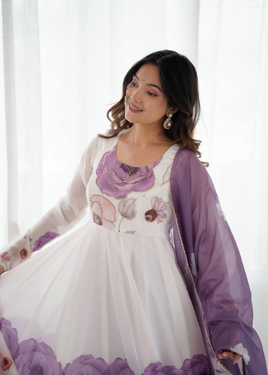 Women’s Floral Printed Anarkali Dress with Dupatta, Full Sleeves & Flared Ethnic Design