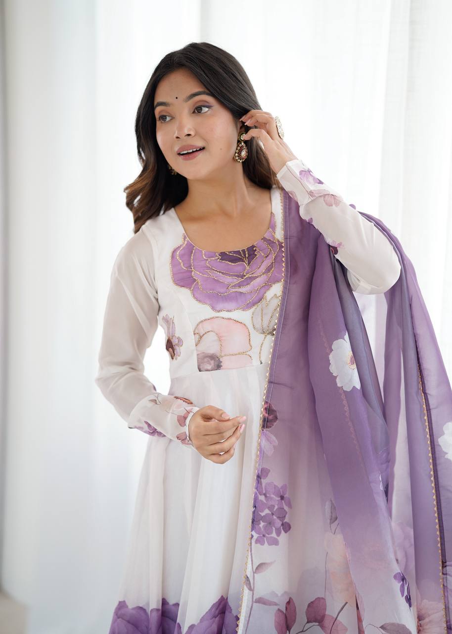 Women’s Floral Printed Anarkali Dress with Dupatta, Full Sleeves & Flared Ethnic Design