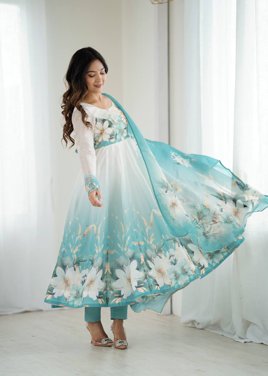 Women’s Floral Printed Anarkali Kurta Pant Dupatta Set | Elegant Ethnic Wear Suit Set for Festive, Wedding & Party Wear