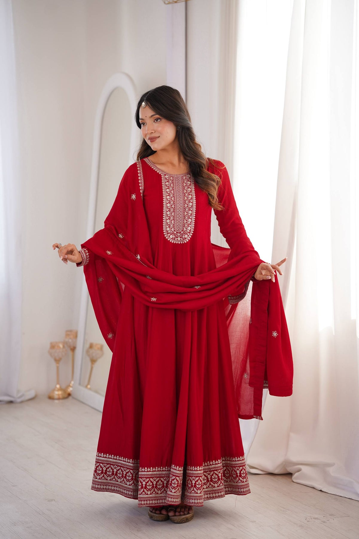 ANVERI TEXTILES Women’s Embroidered Anarkali Kurta Set with Dupatta | Traditional Ethnic Three Piece Suit for Festive & Party Wear
