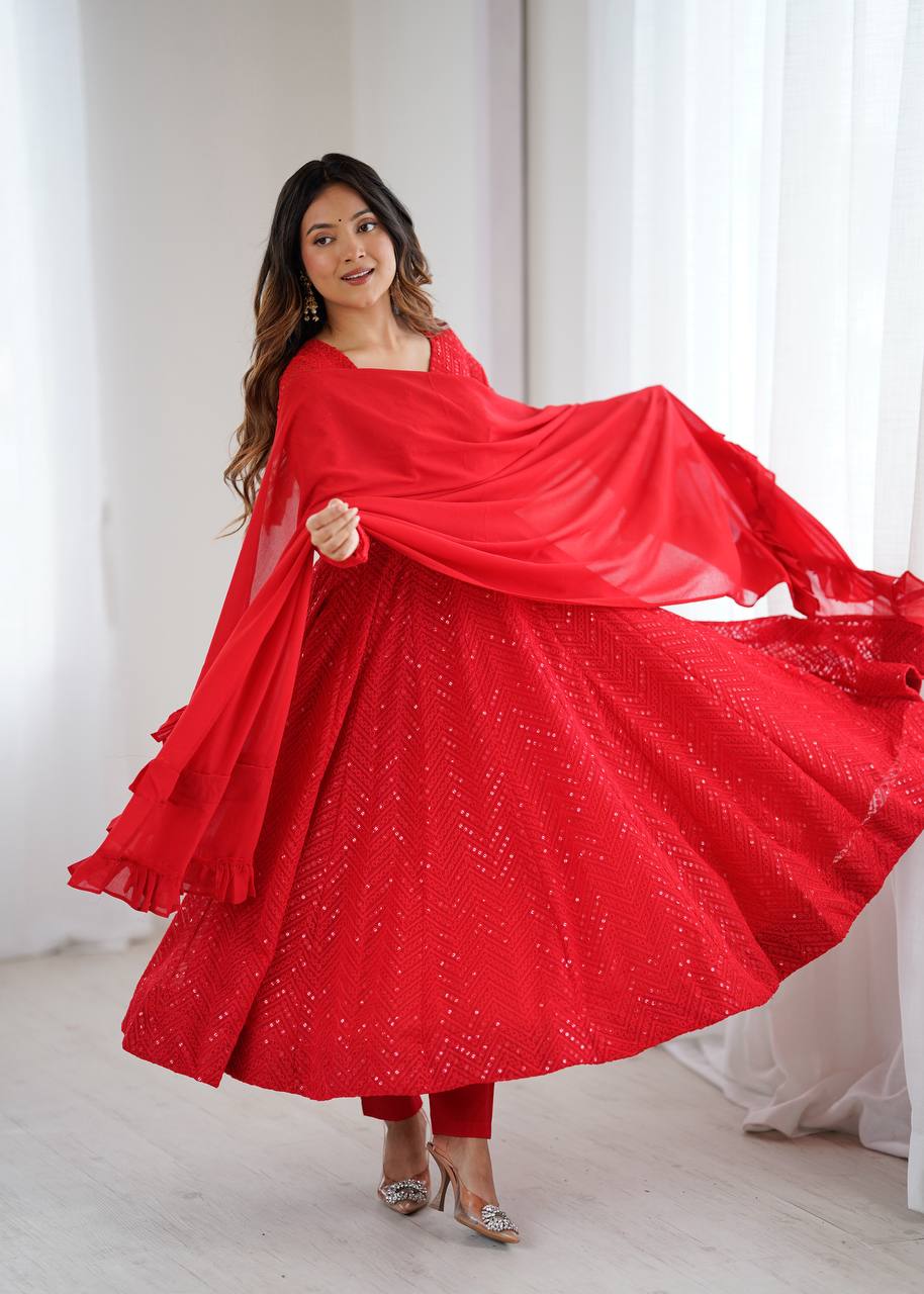 Women’s Red Embroidered Anarkali Kurta Pant Dupatta Set | Flared Ethnic Suit Set for Festive, Wedding & Party Wear