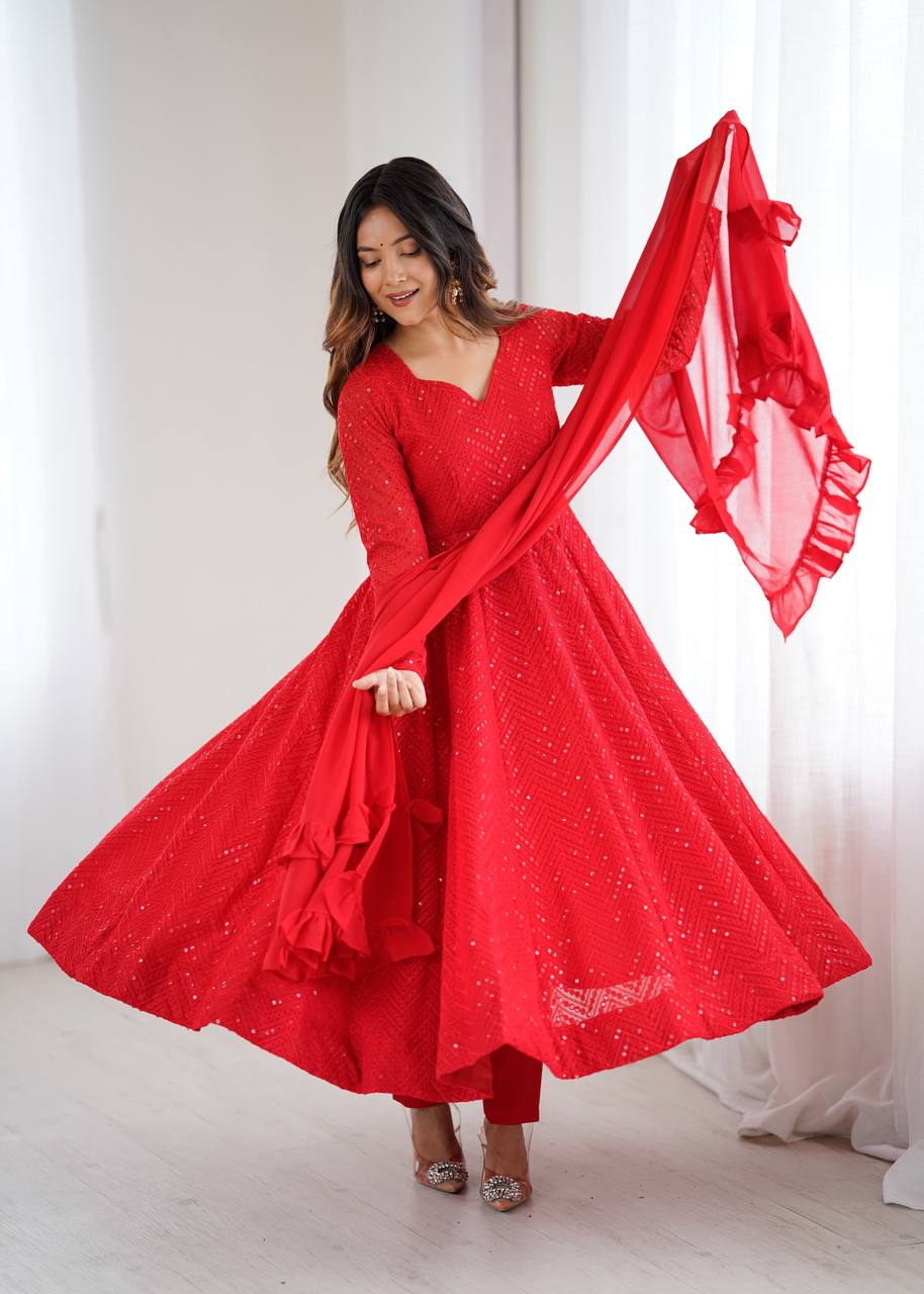 Women’s Red Embroidered Anarkali Kurta Pant Dupatta Set | Flared Ethnic Suit Set for Festive, Wedding & Party Wear