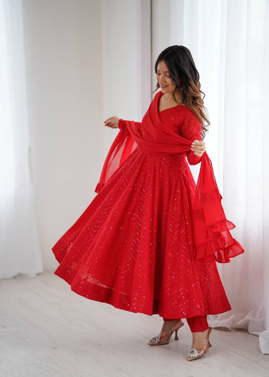 Women’s Red Embroidered Anarkali Kurta Pant Dupatta Set | Flared Ethnic Suit Set for Festive, Wedding & Party Wear