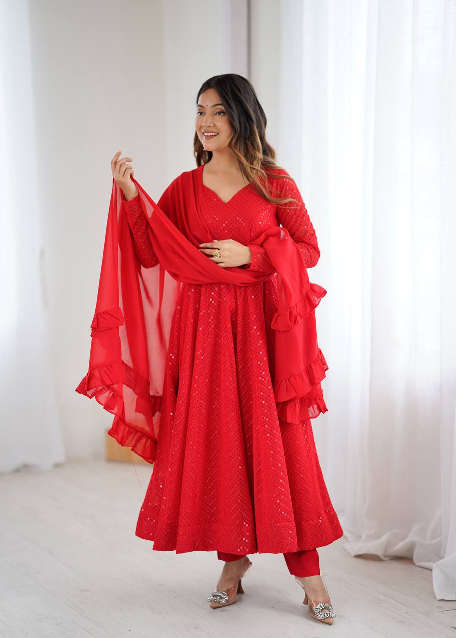 Women’s Red Embroidered Anarkali Kurta Pant Dupatta Set | Flared Ethnic Suit Set for Festive, Wedding & Party Wear