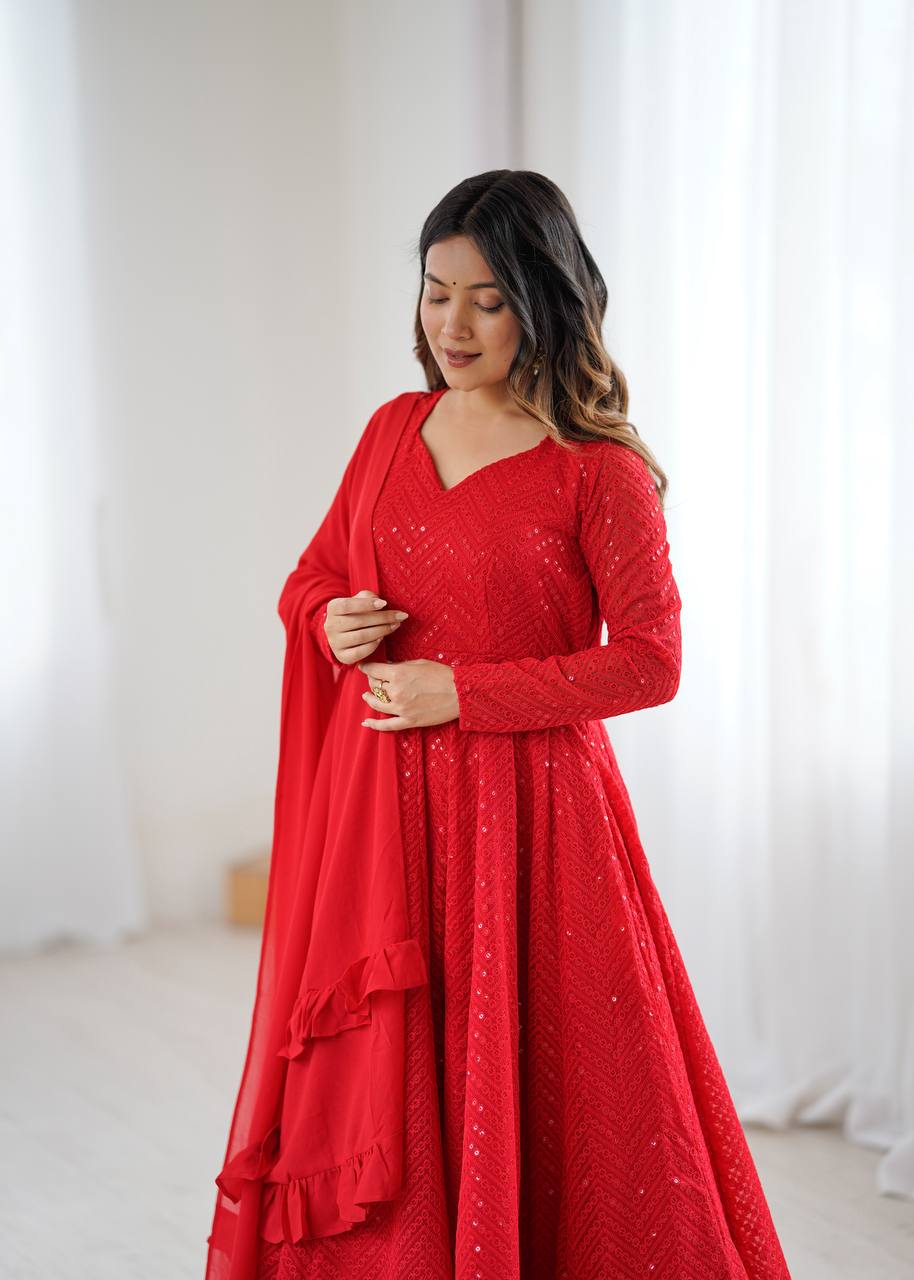 Women’s Red Embroidered Anarkali Kurta Pant Dupatta Set | Flared Ethnic Suit Set for Festive, Wedding & Party Wear