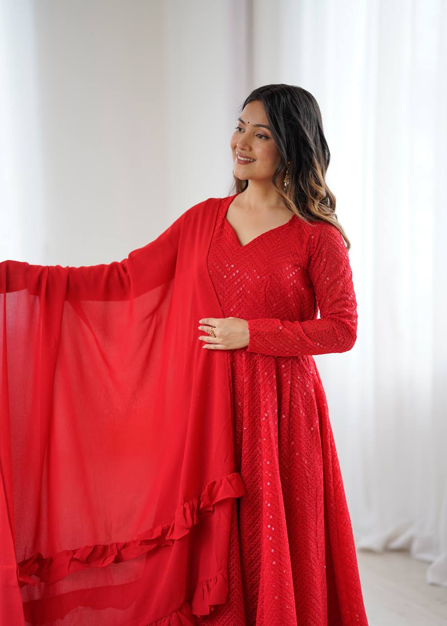 Women’s Red Embroidered Anarkali Kurta Pant Dupatta Set | Flared Ethnic Suit Set for Festive, Wedding & Party Wear