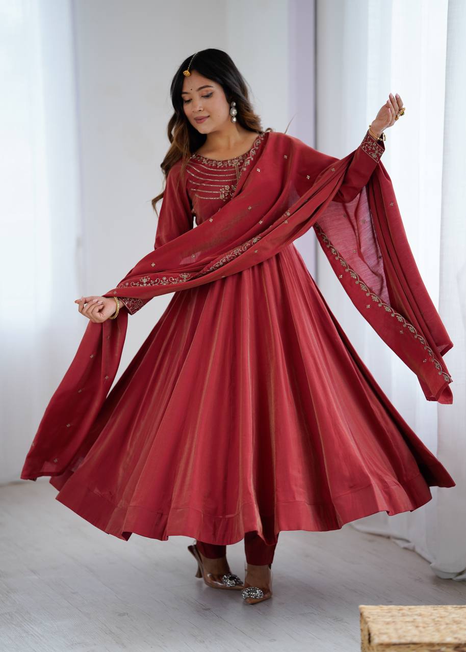 ANVERI TEXTILES Women’s Wine Red Anarkali Kurta Pant Dupatta Set | Embroidered Flared Ethnic Suit Set for Festive, Wedding & Party Wear