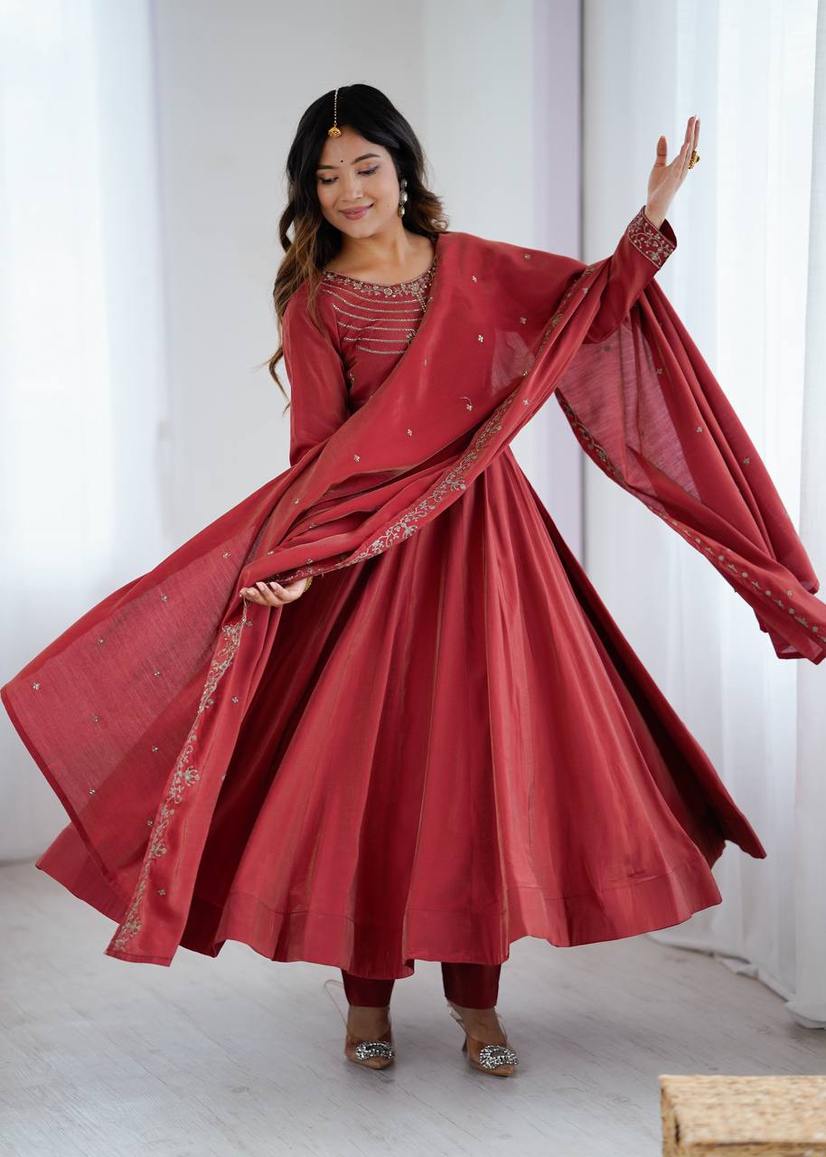 ANVERI TEXTILES Women’s Wine Red Anarkali Kurta Pant Dupatta Set | Embroidered Flared Ethnic Suit Set for Festive, Wedding & Party Wear