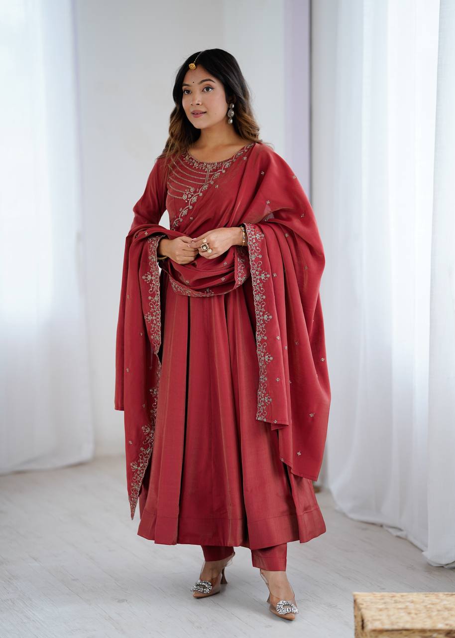 ANVERI TEXTILES Women’s Wine Red Anarkali Kurta Pant Dupatta Set | Embroidered Flared Ethnic Suit Set for Festive, Wedding & Party Wear