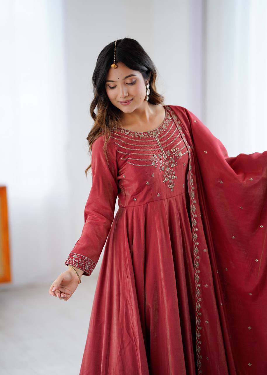ANVERI TEXTILES Women’s Wine Red Anarkali Kurta Pant Dupatta Set | Embroidered Flared Ethnic Suit Set for Festive, Wedding & Party Wear