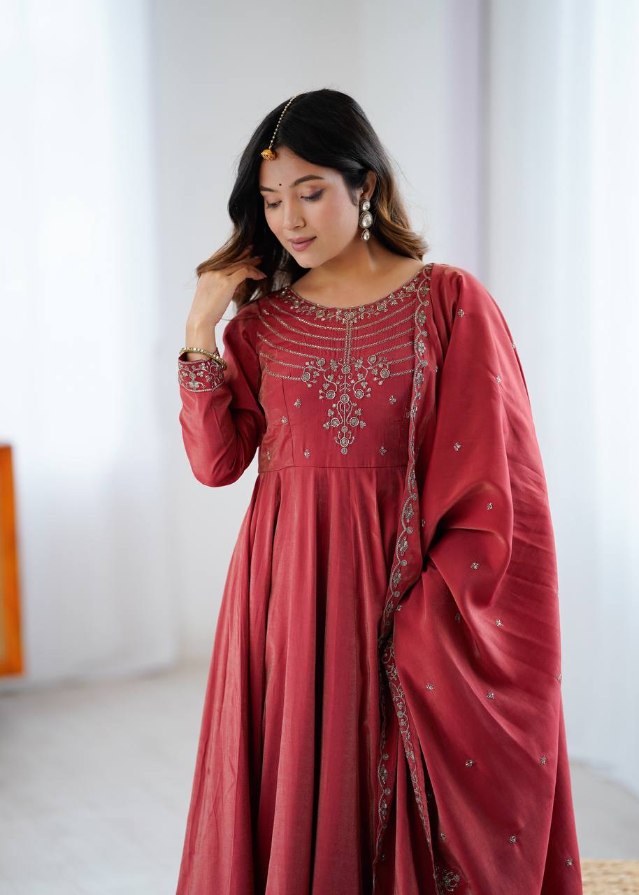 ANVERI TEXTILES Women’s Wine Red Anarkali Kurta Pant Dupatta Set | Embroidered Flared Ethnic Suit Set for Festive, Wedding & Party Wear
