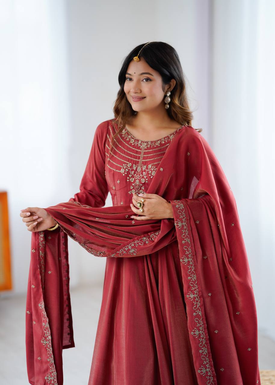 ANVERI TEXTILES Women’s Wine Red Anarkali Kurta Pant Dupatta Set | Embroidered Flared Ethnic Suit Set for Festive, Wedding & Party Wear