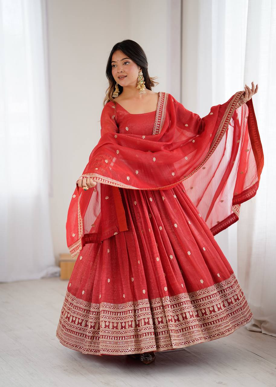 ANVERI TEXTILES Women’s Red Printed Anarkali Kurta Pant Dupatta Set | Flared Ethnic Suit Set with Traditional Border Detailing for Festive, Wedding & Party Wear