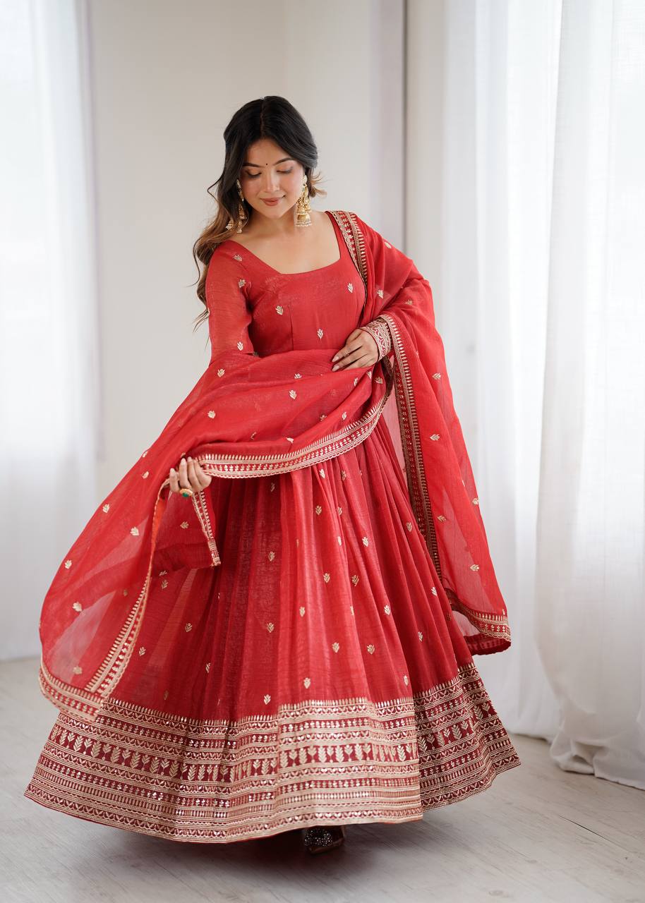 ANVERI TEXTILES Women’s Red Printed Anarkali Kurta Pant Dupatta Set | Flared Ethnic Suit Set with Traditional Border Detailing for Festive, Wedding & Party Wear