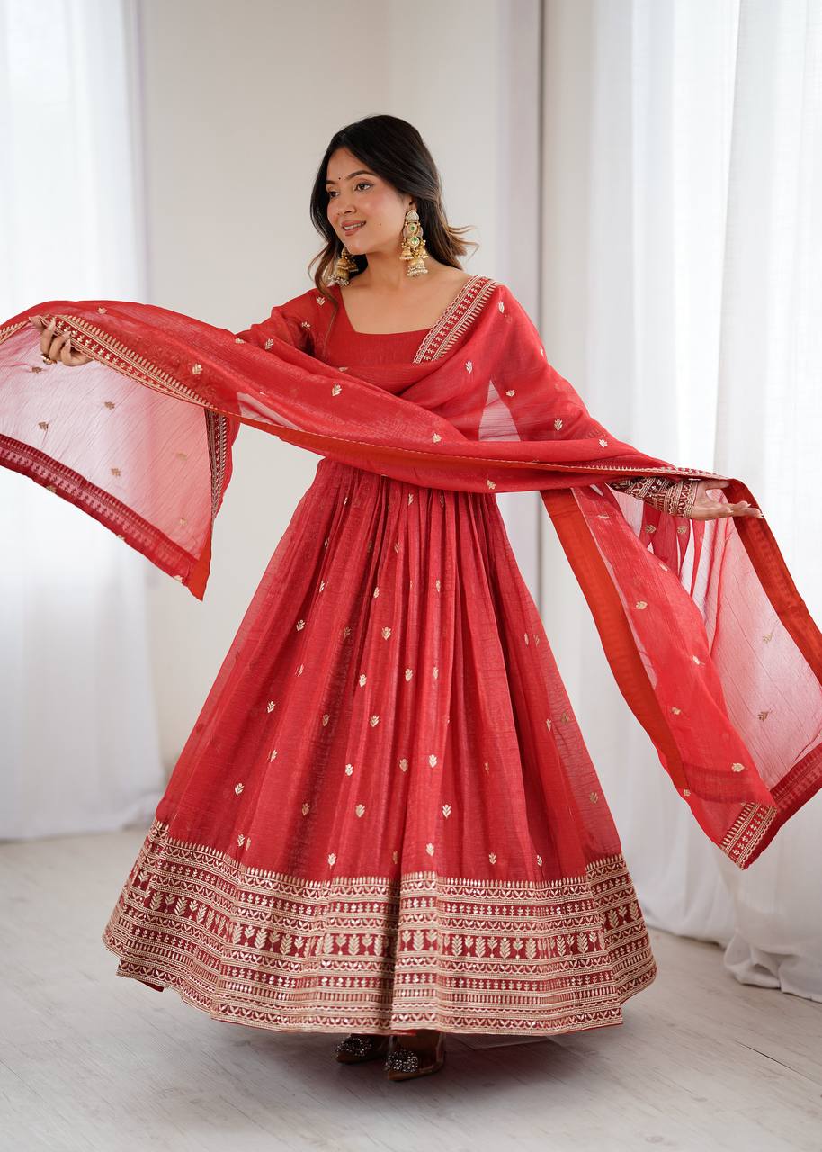 ANVERI TEXTILES Women’s Red Printed Anarkali Kurta Pant Dupatta Set | Flared Ethnic Suit Set with Traditional Border Detailing for Festive, Wedding & Party Wear