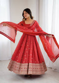 ANVERI TEXTILES Women’s Red Printed Anarkali Kurta Pant Dupatta Set | Flared Ethnic Suit Set with Traditional Border Detailing for Festive, Wedding & Party Wear