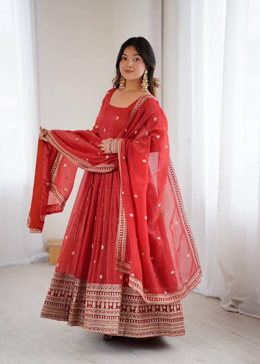ANVERI TEXTILES Women’s Red Printed Anarkali Kurta Pant Dupatta Set | Flared Ethnic Suit Set with Traditional Border Detailing for Festive, Wedding & Party Wear