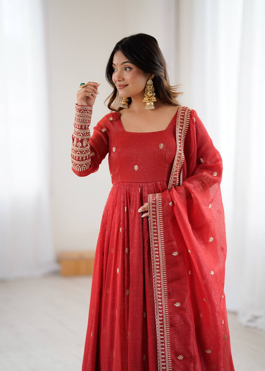 ANVERI TEXTILES Women’s Red Printed Anarkali Kurta Pant Dupatta Set | Flared Ethnic Suit Set with Traditional Border Detailing for Festive, Wedding & Party Wear