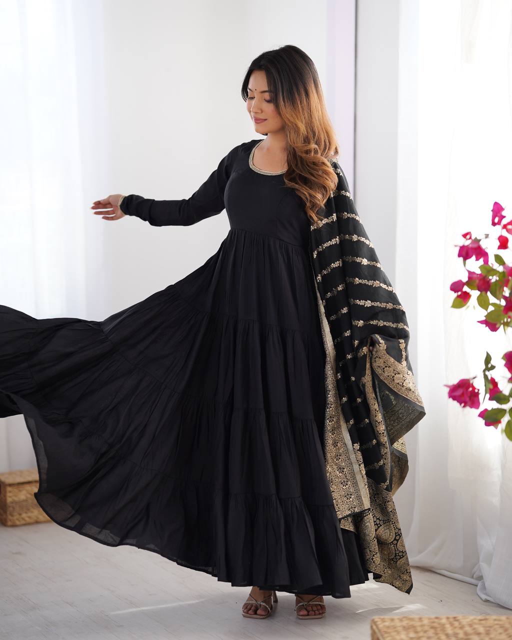 Women’s Black Anarkali Dress with Embroidered Dupatta