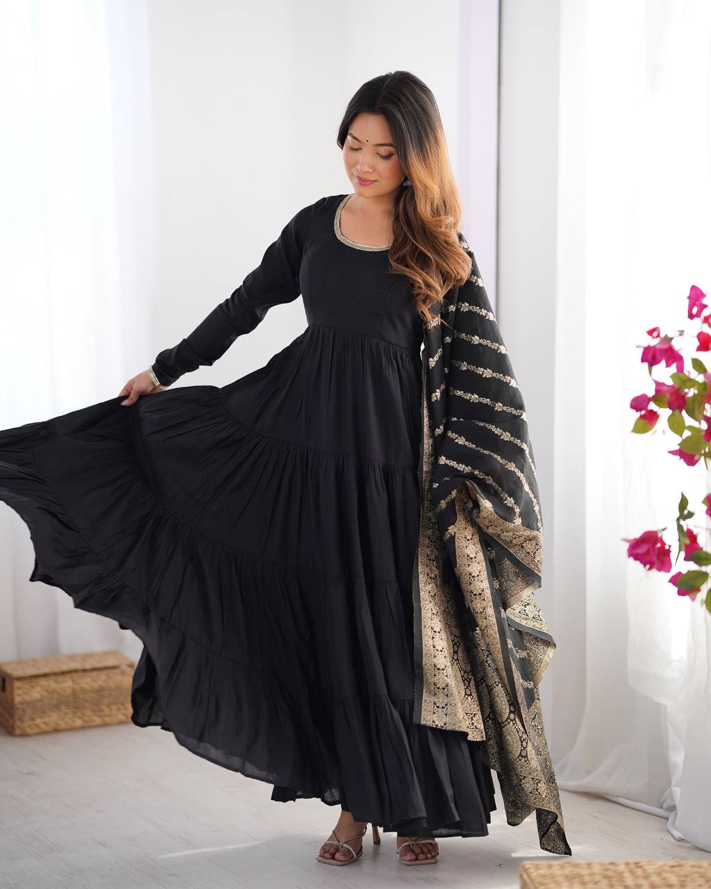 Women’s Black Anarkali Dress with Embroidered Dupatta