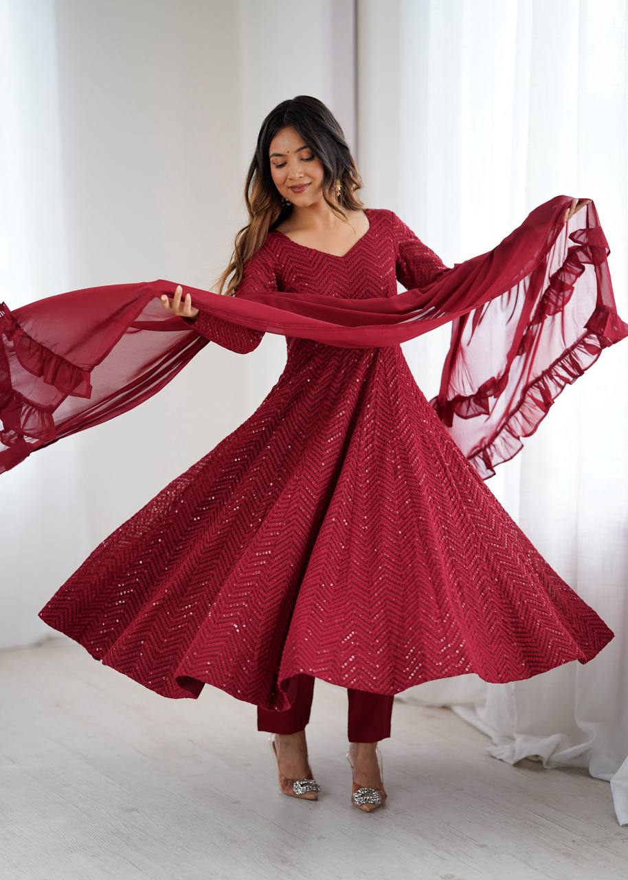 ANVERI TEXTILES Women’s Maroon Embroidered Anarkali Kurta Pant Dupatta Set | Flared Ethnic Suit Set with Ruffle Dupatta for Festive, Wedding & Party Wear