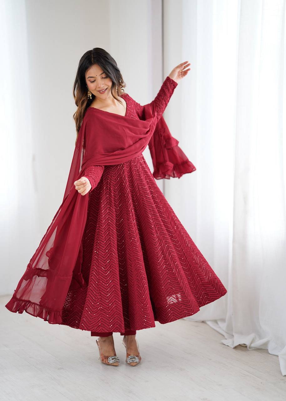 ANVERI TEXTILES Women’s Maroon Embroidered Anarkali Kurta Pant Dupatta Set | Flared Ethnic Suit Set with Ruffle Dupatta for Festive, Wedding & Party Wear
