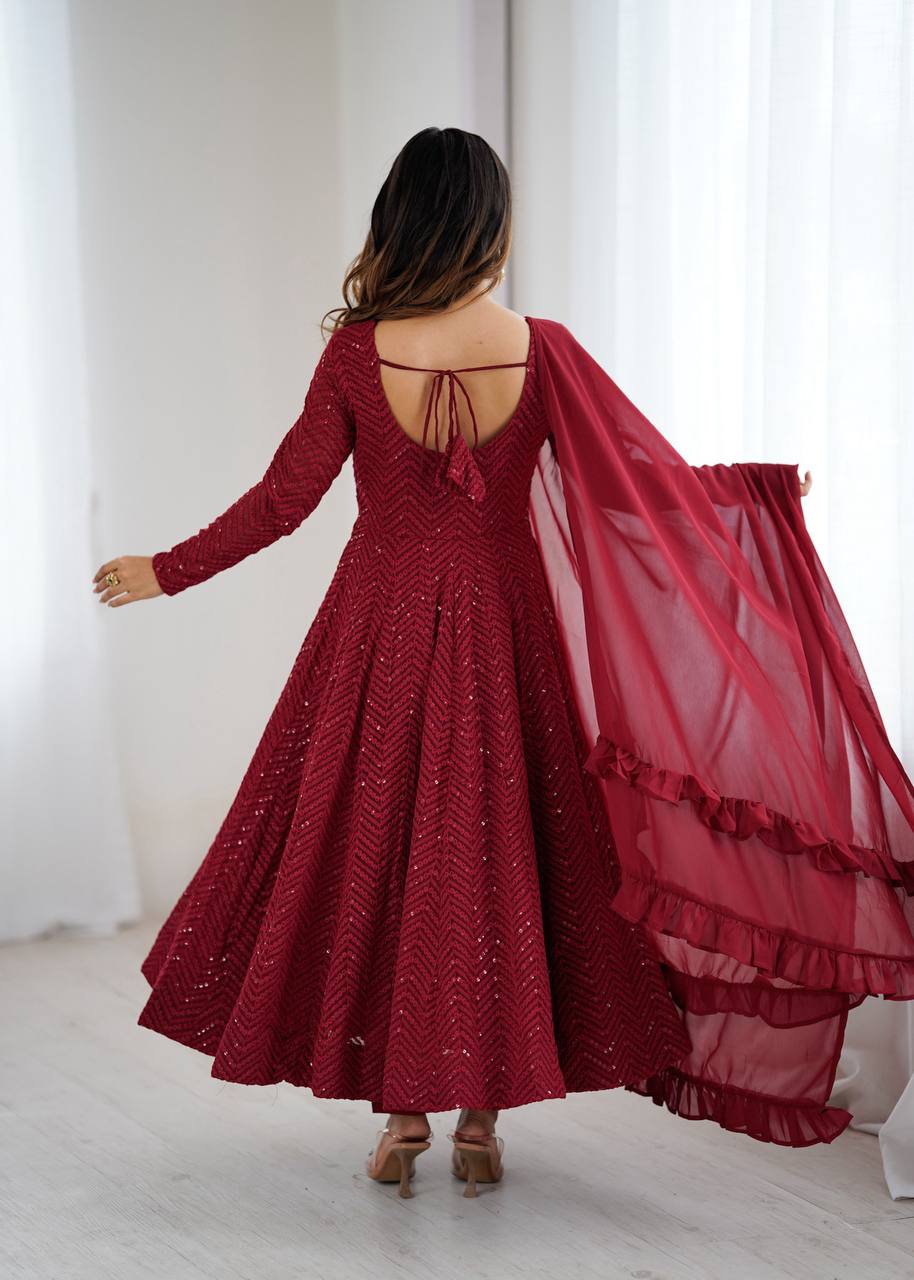 ANVERI TEXTILES Women’s Maroon Embroidered Anarkali Kurta Pant Dupatta Set | Flared Ethnic Suit Set with Ruffle Dupatta for Festive, Wedding & Party Wear