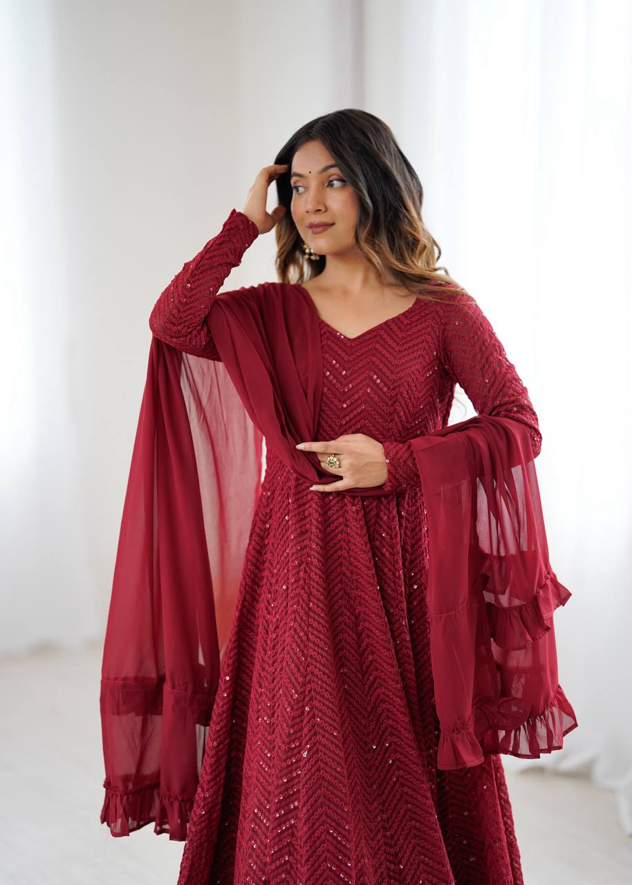 ANVERI TEXTILES Women’s Maroon Embroidered Anarkali Kurta Pant Dupatta Set | Flared Ethnic Suit Set with Ruffle Dupatta for Festive, Wedding & Party Wear
