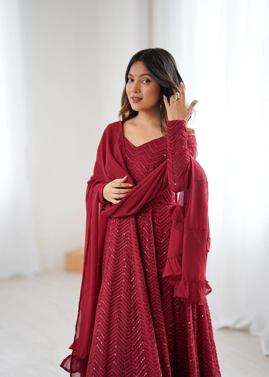 ANVERI TEXTILES Women’s Maroon Embroidered Anarkali Kurta Pant Dupatta Set | Flared Ethnic Suit Set with Ruffle Dupatta for Festive, Wedding & Party Wear