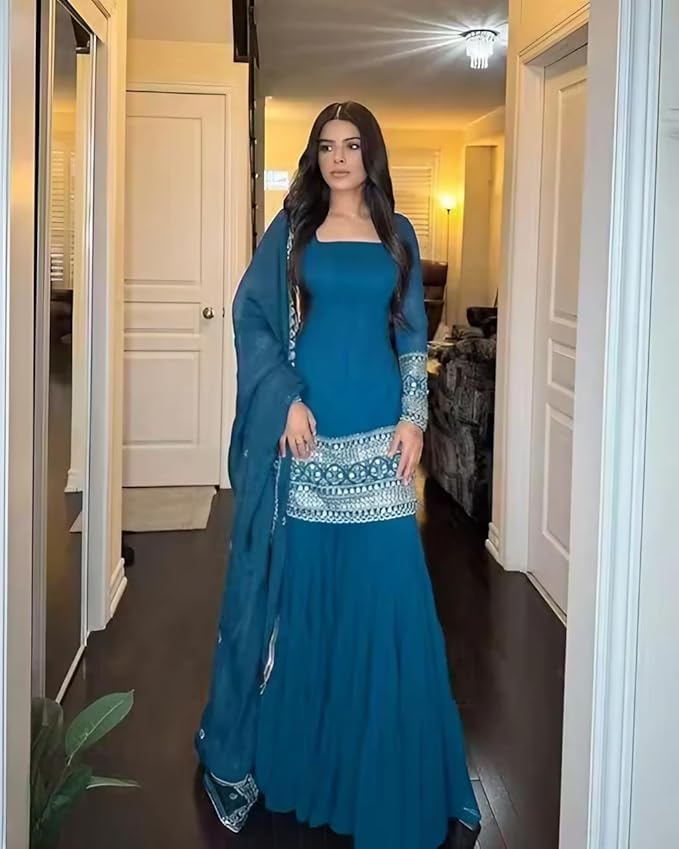Anveri Women Solid Teal Kurta Palazzo Set with Dupatta | Embroidered Party Wear Ethnic Suit
