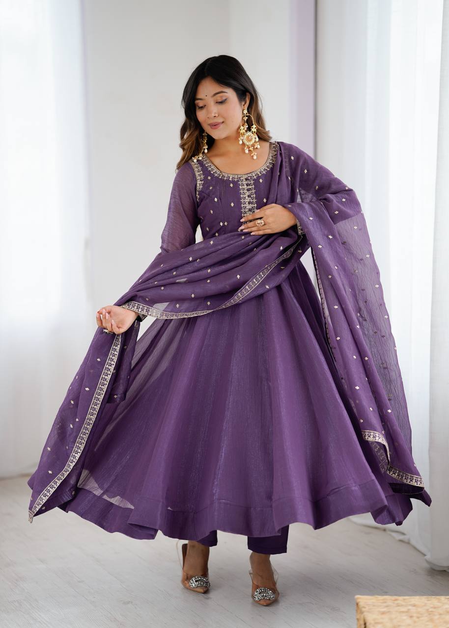 Shishkala Women’s Purple Anarkali Kurta Pant Dupatta Set | Embroidered Flared Ethnic Suit Set with Printed Dupatta for Festive, Wedding & Party Wear