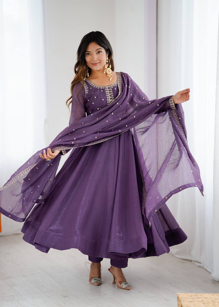 Shishkala Women’s Purple Anarkali Kurta Pant Dupatta Set | Embroidered Flared Ethnic Suit Set with Printed Dupatta for Festive, Wedding & Party Wear