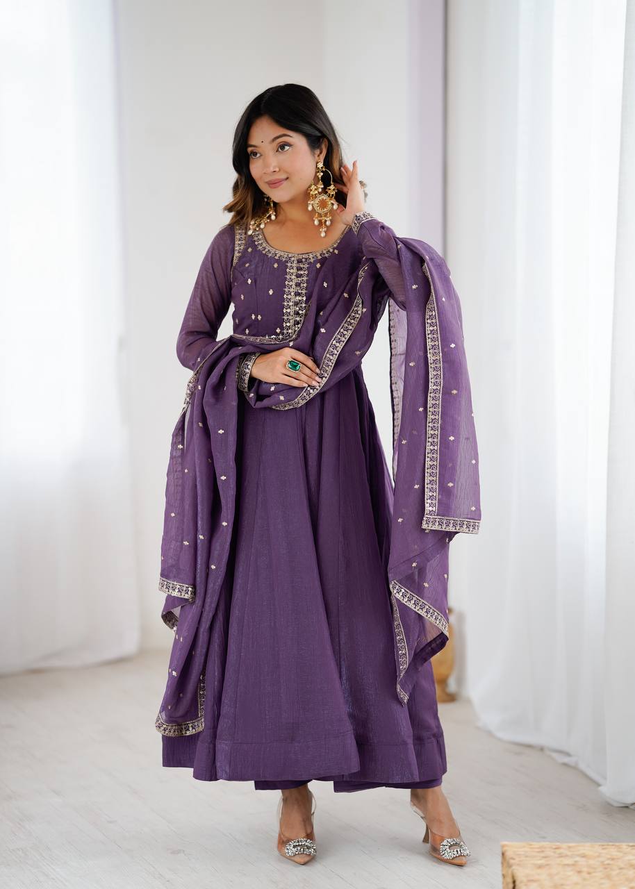 Shishkala Women’s Purple Anarkali Kurta Pant Dupatta Set | Embroidered Flared Ethnic Suit Set with Printed Dupatta for Festive, Wedding & Party Wear
