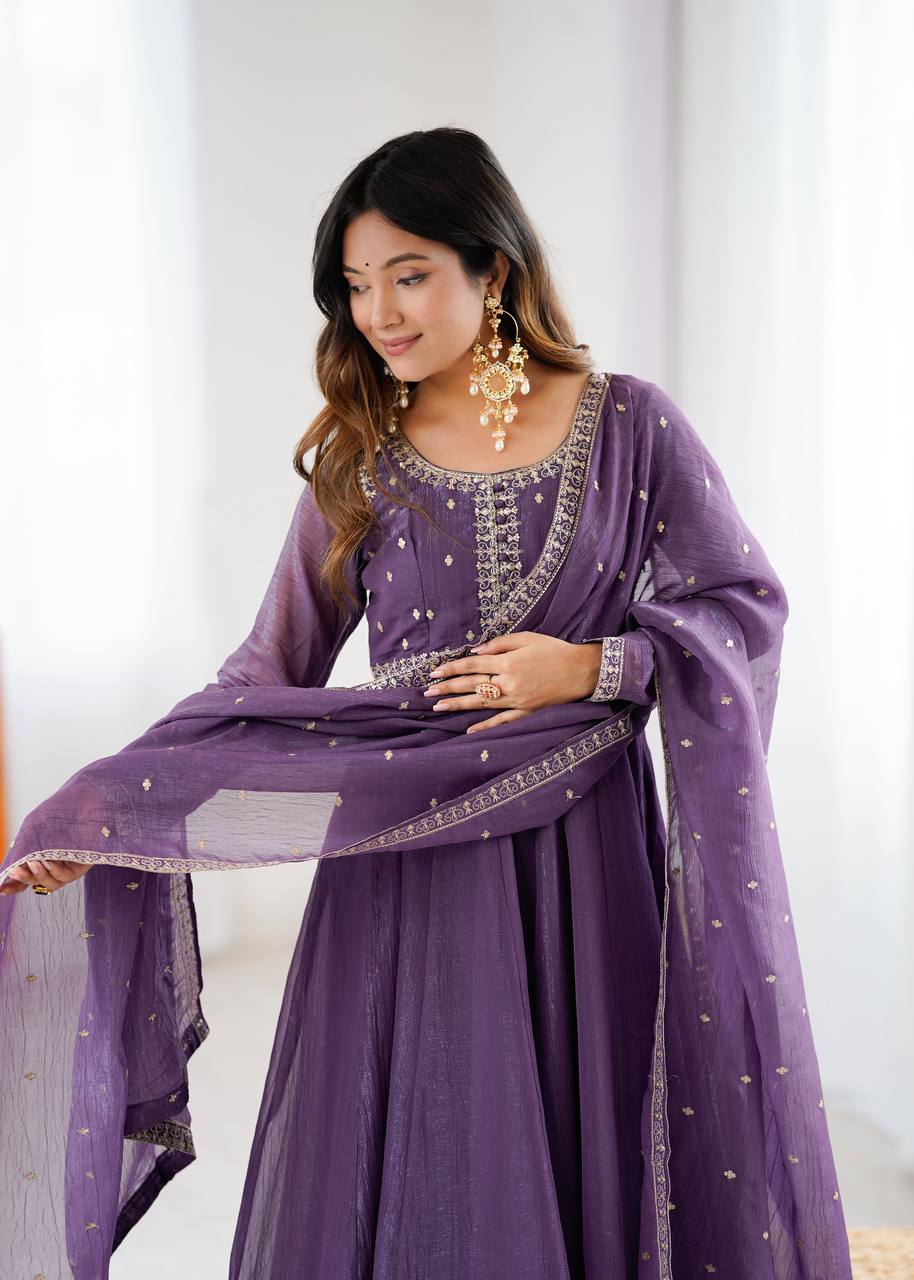 Shishkala Women’s Purple Anarkali Kurta Pant Dupatta Set | Embroidered Flared Ethnic Suit Set with Printed Dupatta for Festive, Wedding & Party Wear