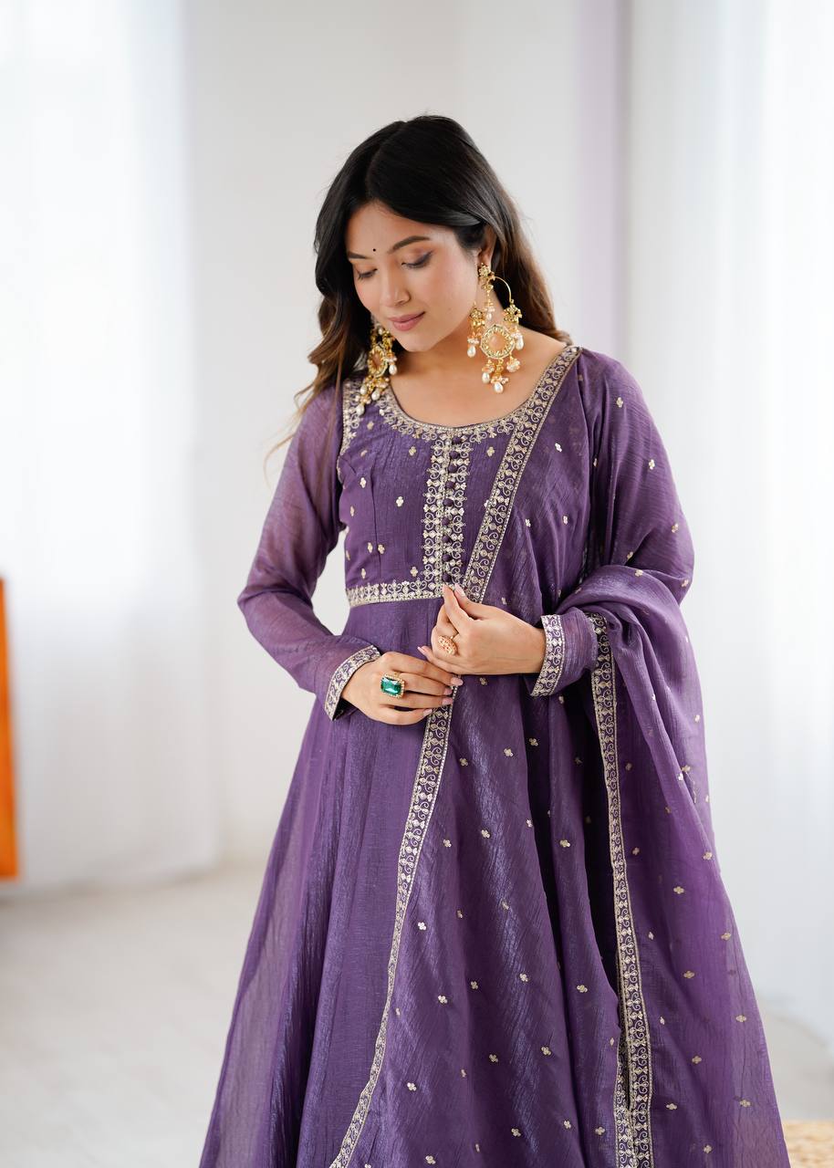 Shishkala Women’s Purple Anarkali Kurta Pant Dupatta Set | Embroidered Flared Ethnic Suit Set with Printed Dupatta for Festive, Wedding & Party Wear