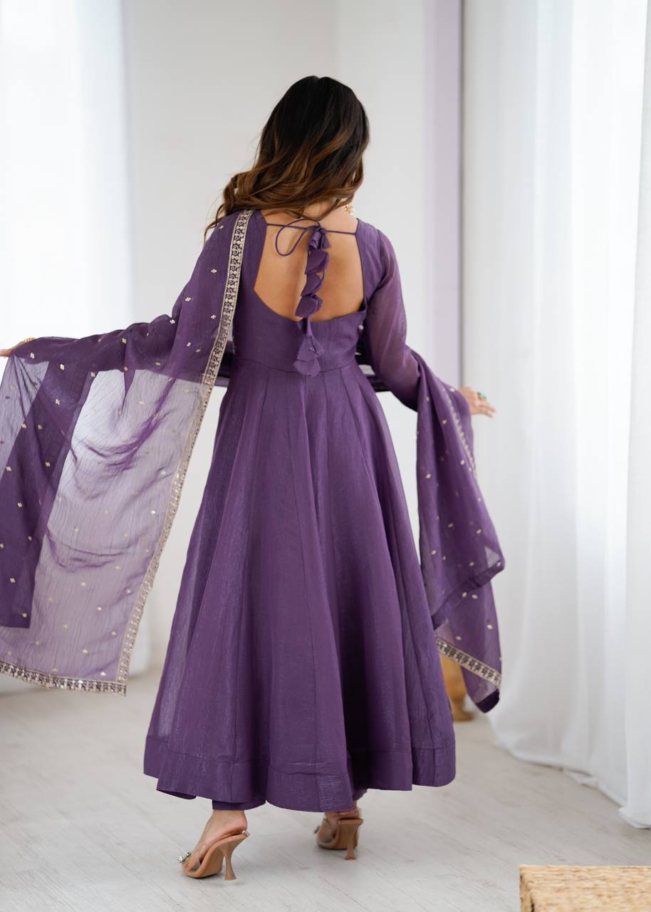 Shishkala Women’s Purple Anarkali Kurta Pant Dupatta Set | Embroidered Flared Ethnic Suit Set with Printed Dupatta for Festive, Wedding & Party Wear