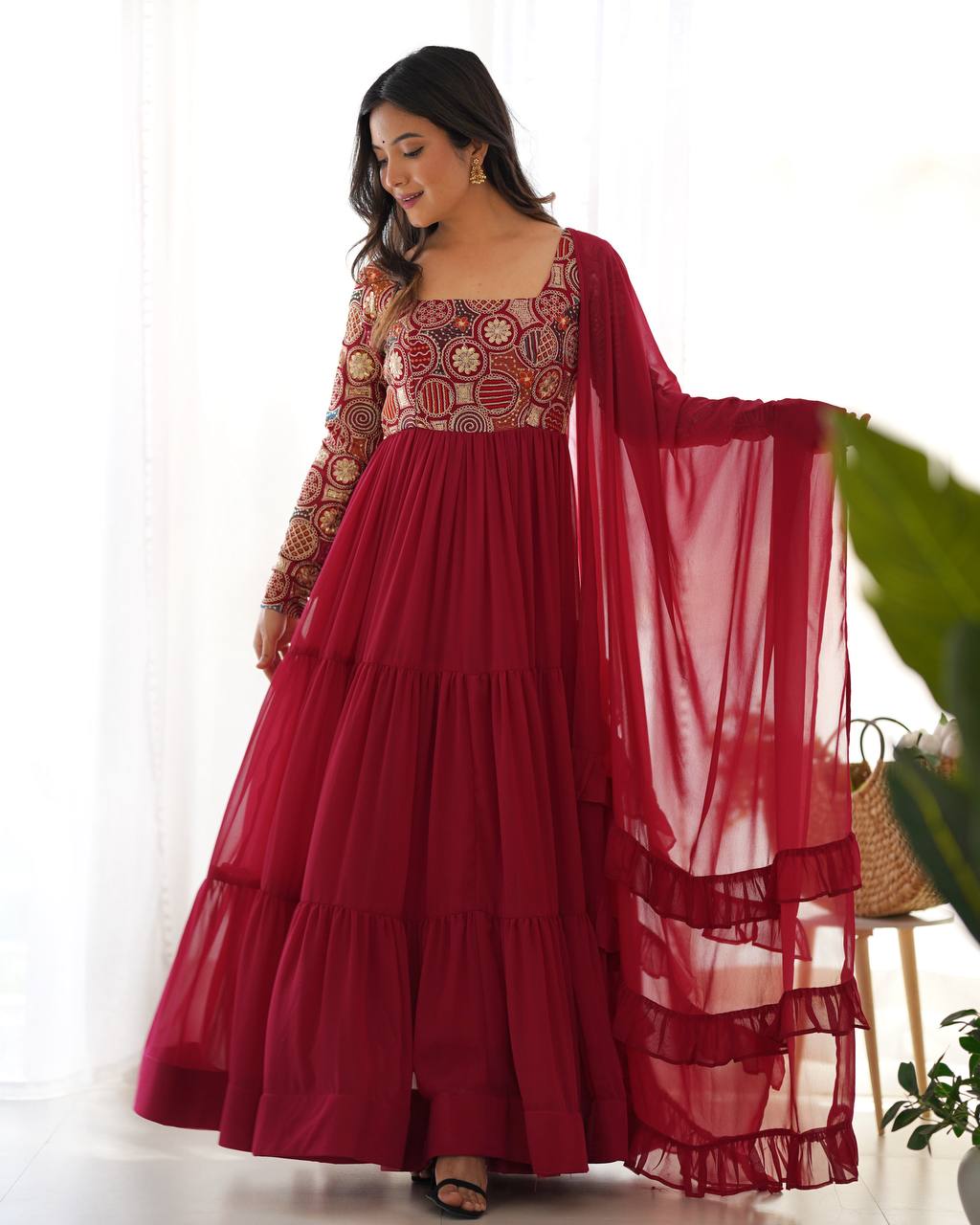 ANVERI TEXTILES Women’s Maroon Printed Anarkali Kurta Pant Dupatta Set | Flared Ethnic Suit Set with Embroidered Bodice & Ruffle Dupatta for Festive Wear