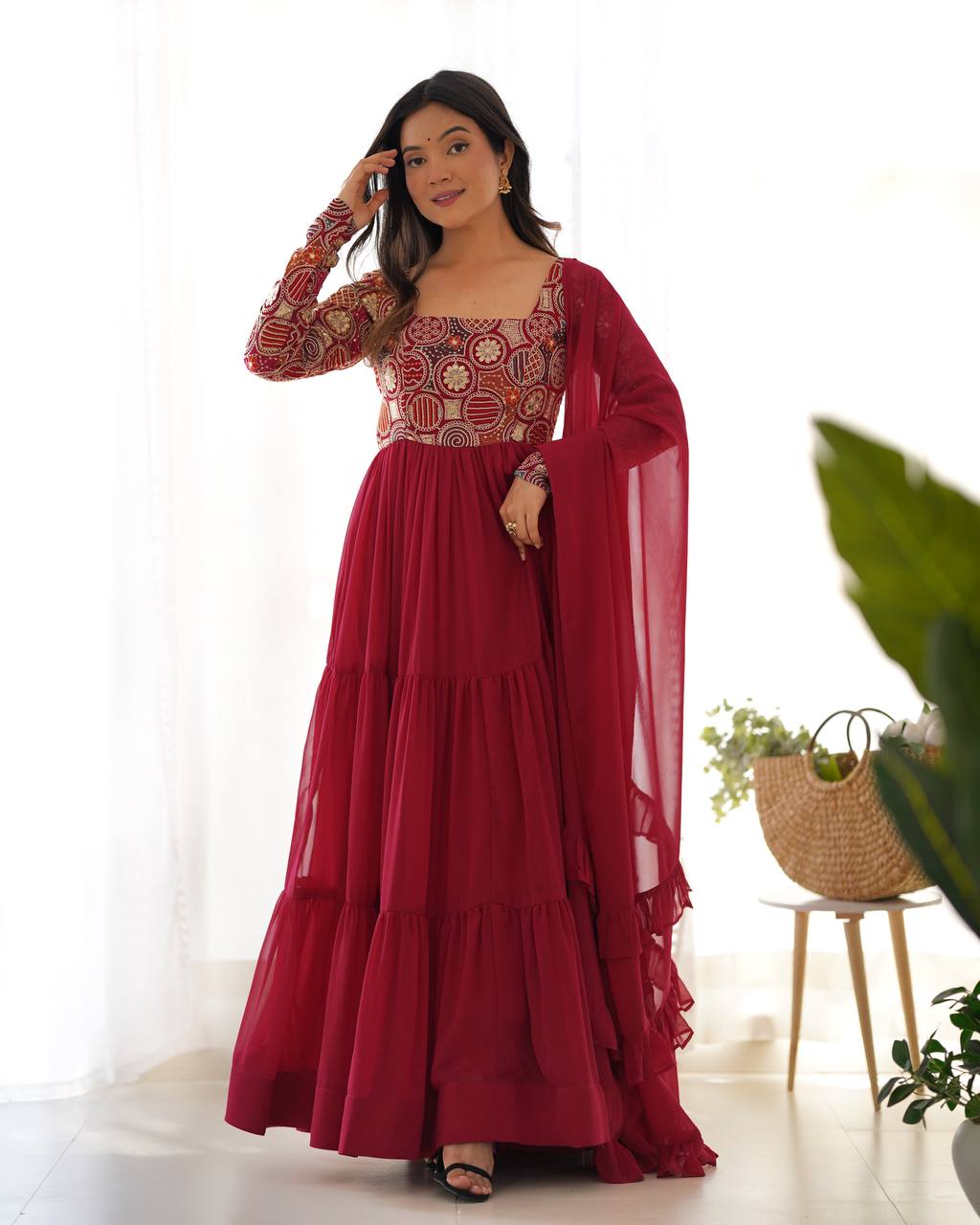 ANVERI TEXTILES Women’s Maroon Printed Anarkali Kurta Pant Dupatta Set | Flared Ethnic Suit Set with Embroidered Bodice & Ruffle Dupatta for Festive Wear