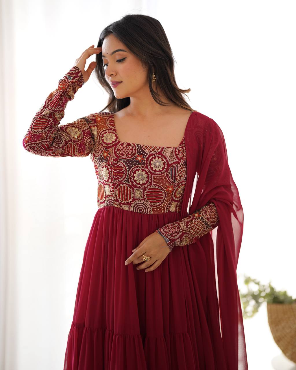 ANVERI TEXTILES Women’s Maroon Printed Anarkali Kurta Pant Dupatta Set | Flared Ethnic Suit Set with Embroidered Bodice & Ruffle Dupatta for Festive Wear