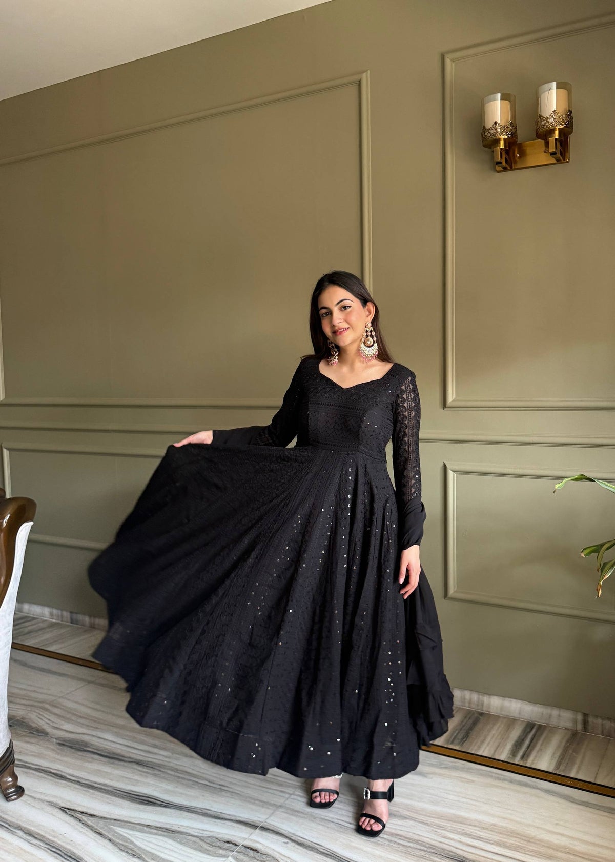 ANVERI TEXTILES Women’s Embroidered Anarkali Kurta Set | Full Flared Ethnic Dress with Sequin Detailing for Festive & Party Wear