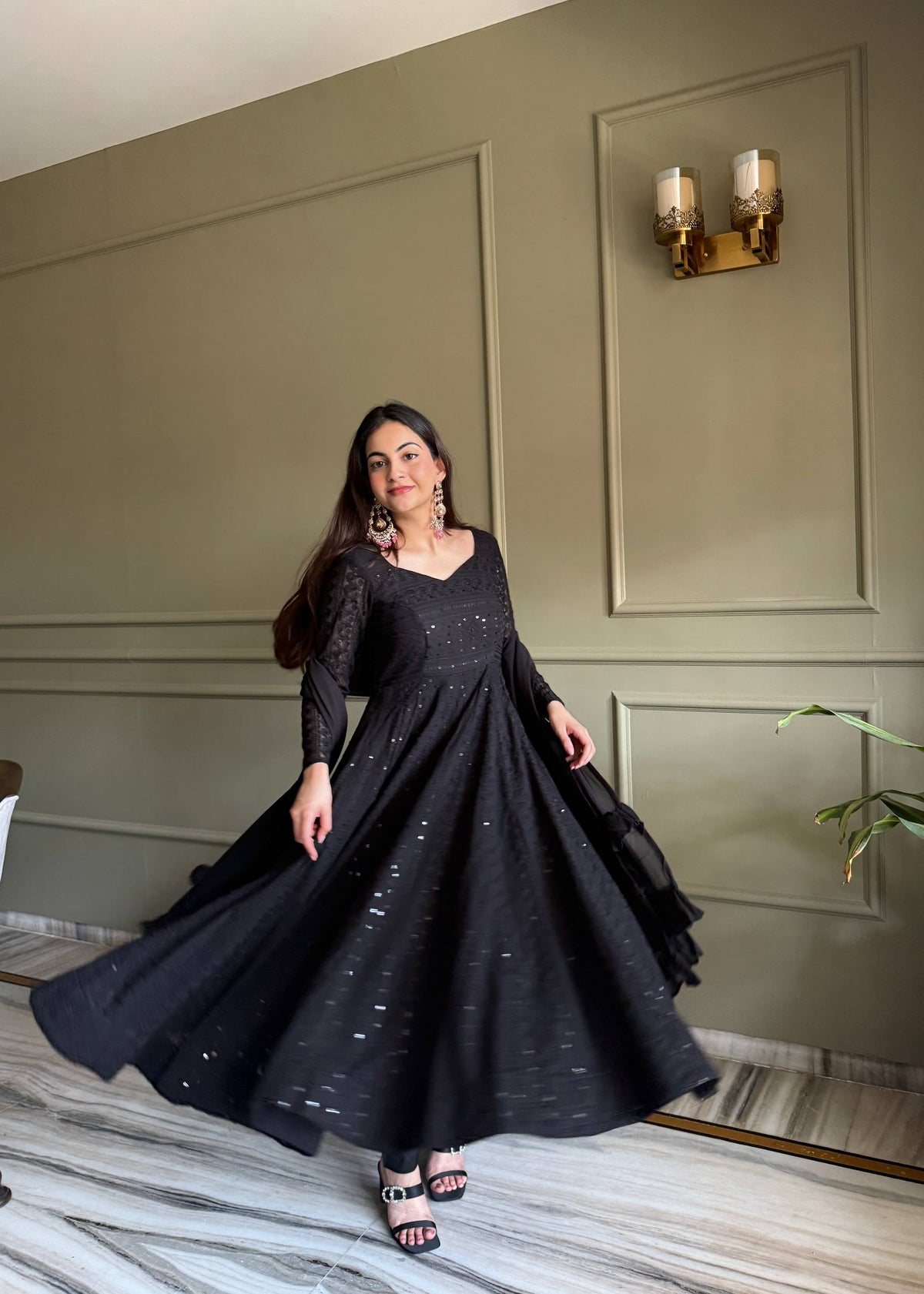ANVERI TEXTILES Women’s Embroidered Anarkali Kurta Set | Full Flared Ethnic Dress with Sequin Detailing for Festive & Party Wear