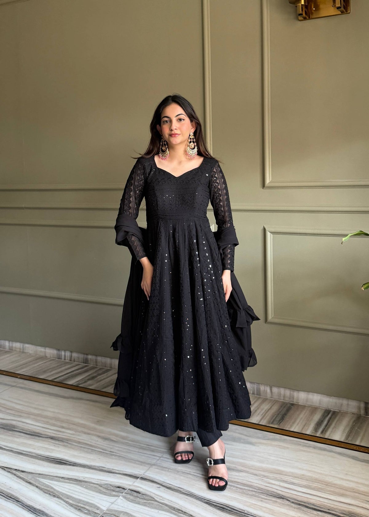 ANVERI TEXTILES Women’s Embroidered Anarkali Kurta Set | Full Flared Ethnic Dress with Sequin Detailing for Festive & Party Wear