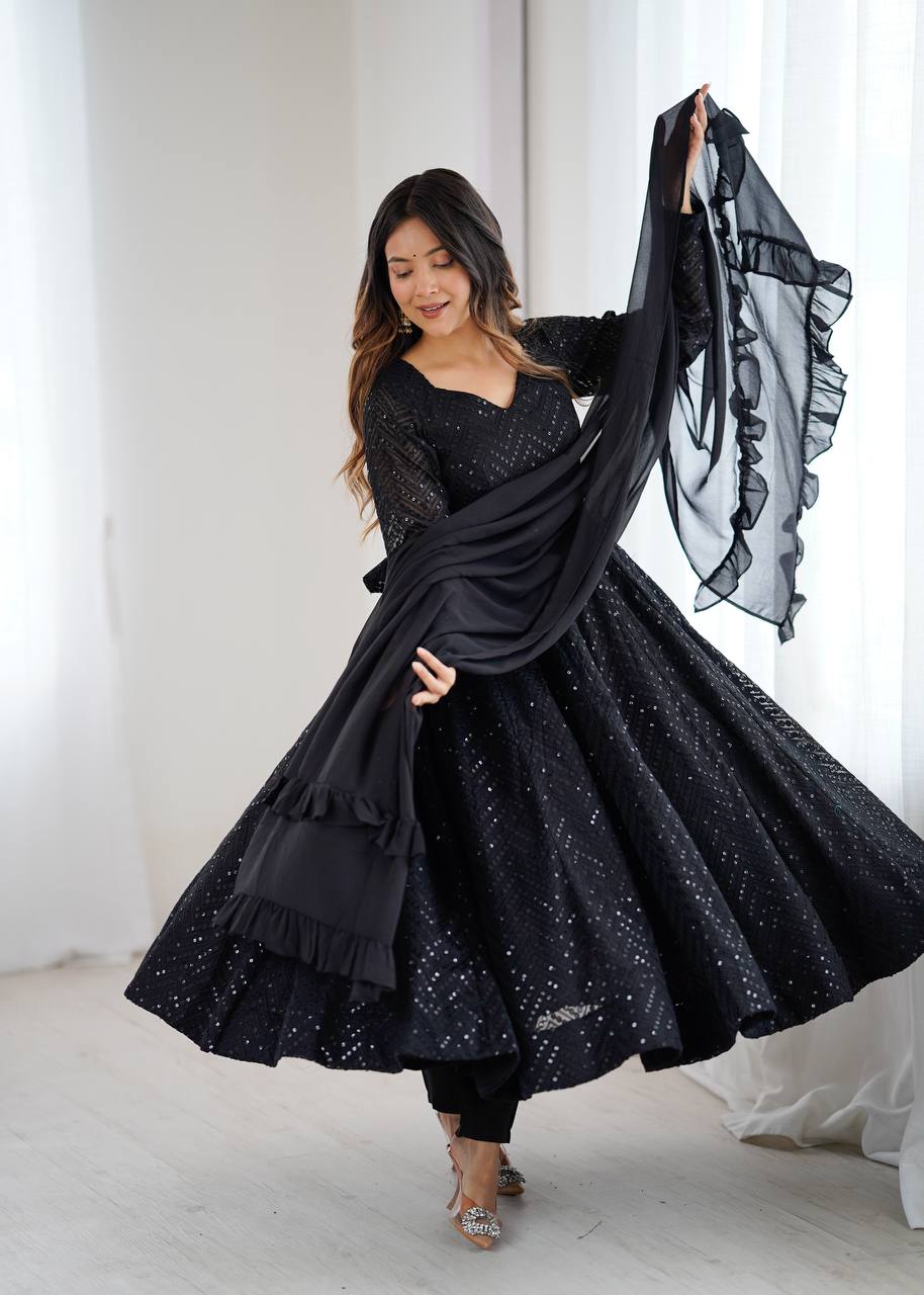 AVNVERI TEXTILES Women’s Black Embroidered Anarkali Kurta Pant Dupatta Set | Flared Ethnic Suit Set with Sequin Detailing & Ruffle Dupatta for Festive Party Wear