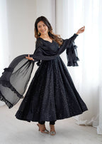 AVNVERI TEXTILES Women’s Black Embroidered Anarkali Kurta Pant Dupatta Set | Flared Ethnic Suit Set with Sequin Detailing & Ruffle Dupatta for Festive Party Wear