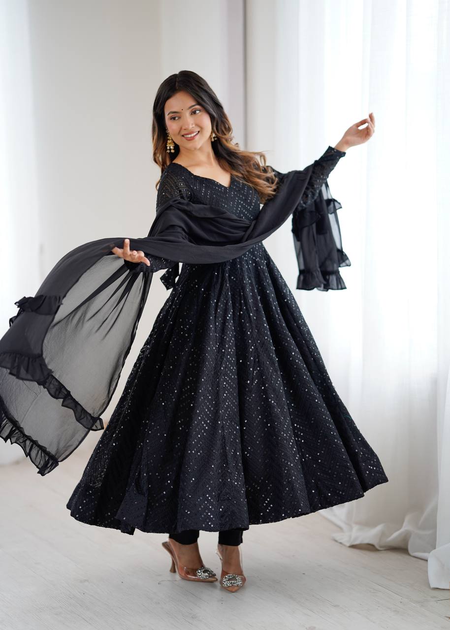 AVNVERI TEXTILES Women’s Black Embroidered Anarkali Kurta Pant Dupatta Set | Flared Ethnic Suit Set with Sequin Detailing & Ruffle Dupatta for Festive Party Wear